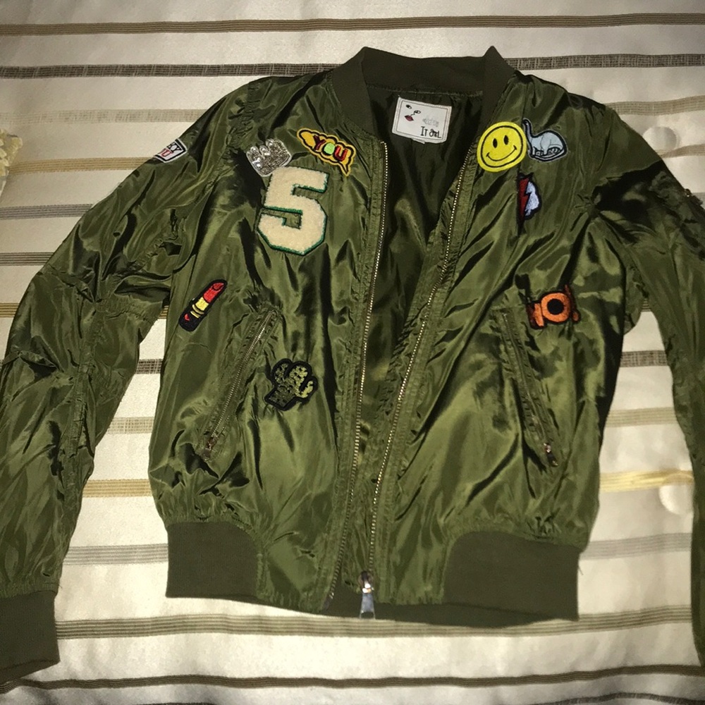 Patch work green bomber. Very trendy!!